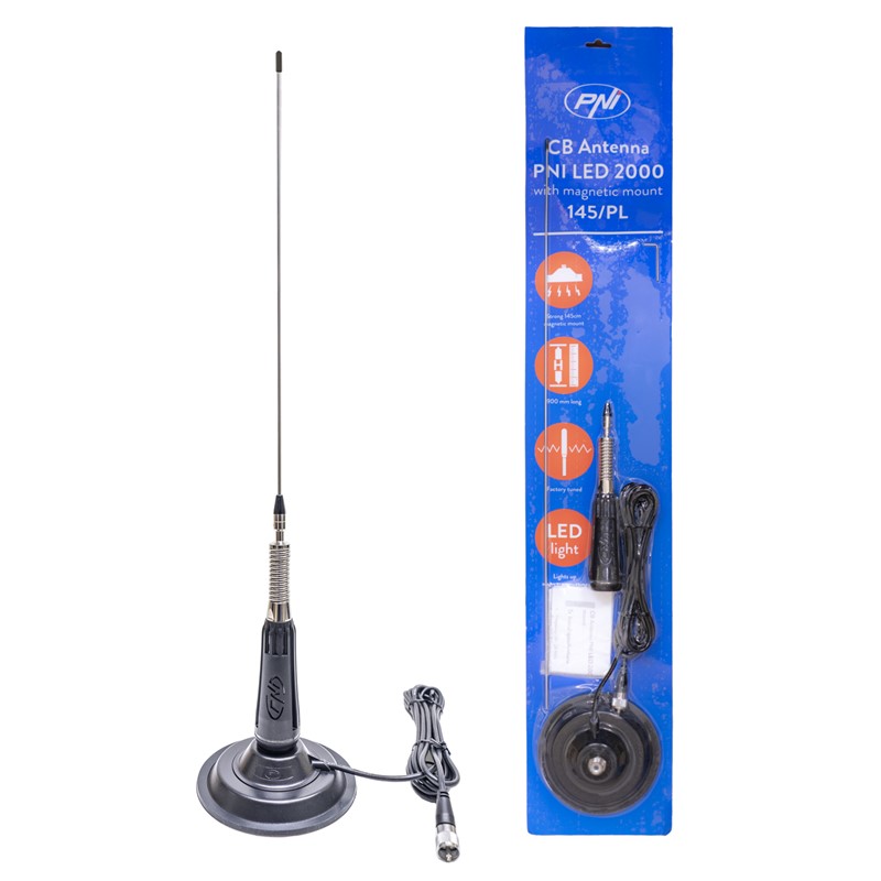CB antena PNI LED 2000 90 cm, z magnetno bazo 145 mm, 26-28 MHz, 500 Watt, sveti med prenosom