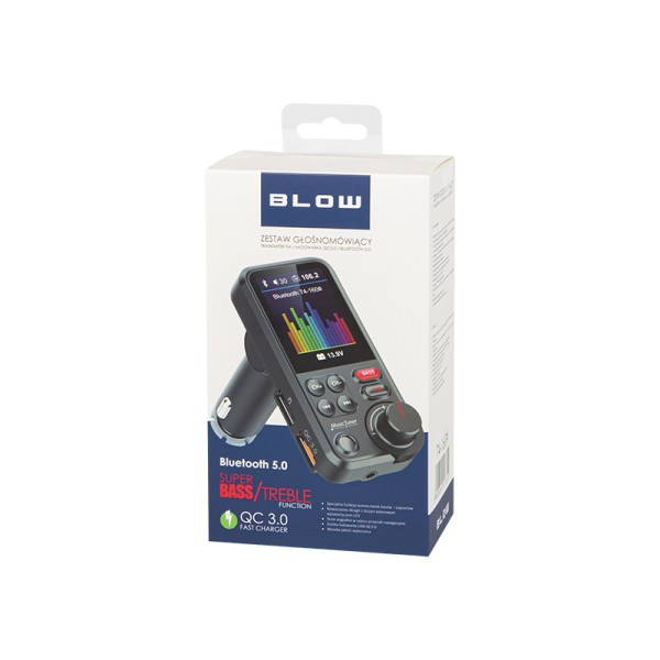 Blow FM oddajnik 74-160, 3v1, Bluetooth 5.0 + QC hitri polnilec + prostoročno telefoniranje, črn - Odprta embalaža